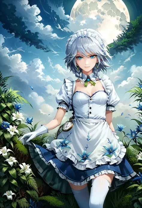 highres, realistic, 1girl, solo, blue flowers, white flowers, blue lily, lily, green leaves, fern, moss, night, Moon, mist, clouds, izayoi sakuya, low angle, from below, serious, light smile, smile, white hair, silver hair, short hair, blue eyes, tall, long skinny legs, flat chest, dynamic pose, (white lace gloves:1.2), white wrist cuffs, (white puffy sleeves:1.2), (white maid frilled apron:1.5), white lace-trimmed legwear, white frilled thighhighs, black lace-up boots, maid, (dark blue maid uniform), (dark blue long skirt), twin braids, (green bows:1.2), green bowtie, silver brooch, silver earrings, white lace-trimmed maid headdress, intricate clock, (intricate pocket watch:1.4), beautiful sword, beautiful dagger, decorated scabbard, porcelain tea set, cake, looking at viewer, <lora:Banpai Akira_XL:0.8> <lora:xl_more_art-full_v1:1> <lora:WildcardX-XL-Detail-Enhancer:1> <Painstaking Attention To Details:1.5>