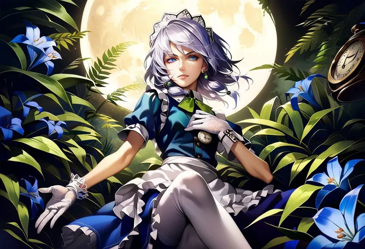 highres, realistic, 1girl, solo, blue flowers, white flowers, blue lily, lily, green leaves, fern, moss, night, Moon, mist, clouds, izayoi sakuya, low angle, from below, serious, light smile, smile, white hair, silver hair, short hair, blue eyes, tall, long skinny legs, flat chest, dynamic pose, (white lace gloves:1.2), white wrist cuffs, (white puffy sleeves:1.2), (white maid frilled apron:1.5), white lace-trimmed legwear, white frilled thighhighs, black lace-up boots, maid, (dark blue maid uniform), (dark blue long skirt), twin braids, (green bows:1.2), green bowtie, silver brooch, silver earrings, white lace-trimmed maid headdress, intricate clock, (intricate pocket watch:1.4), beautiful sword, beautiful dagger, decorated scabbard, porcelain tea set, cake, looking at viewer, <lora:Banpai Akira_XL:0.8>