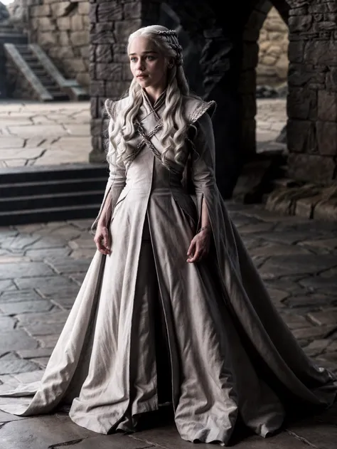 woman,(emlclrk,daenerys jacket),white hair,long wavy hair,legs,standing,fantasy background,(dynamic pose:1.3),masterpiece,bokeh,dof,highly detailed,add_detail,soft lighting,volumetric lighting,film grain,cinematic