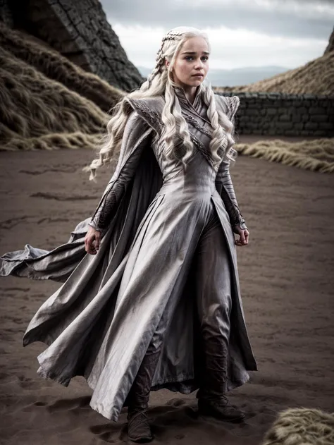 woman,(emlclrk,daenerys jacket),white hair,long wavy hair,legs,standing,fantasy background,(dynamic pose:1.3),masterpiece,bokeh,dof,highly detailed,add_detail,soft lighting,volumetric lighting,film grain,cinematic