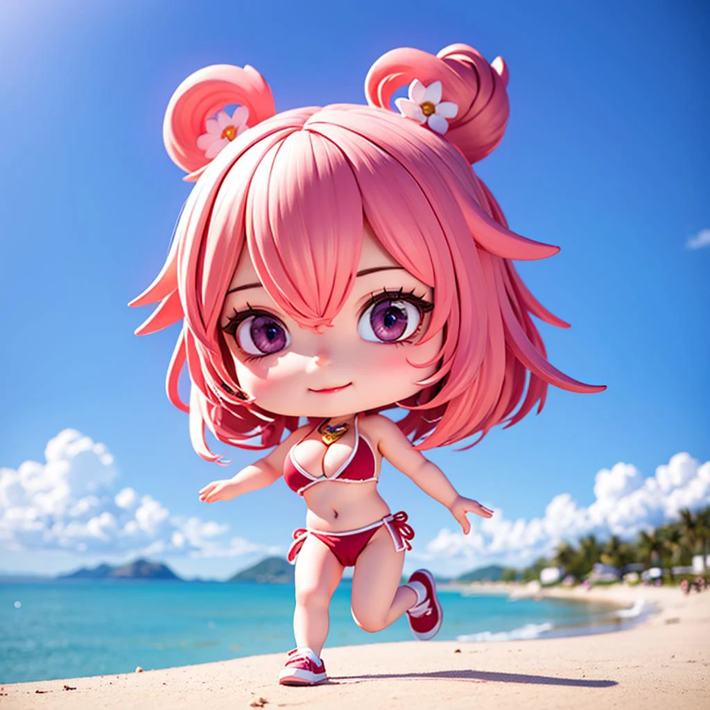 (masterpiece), (best quality),(ultra-detailed), (full body:1.2), (beautiful detailed face), (beautiful detailed eyes),pink eyes,perfect eyes, 1girl, chibi, cute, pink_hair_see-through_crop_top, double bun, large breasts, bikini top only, white panty, pink_leggings, pink_running_shoes, blue sky, beach , muscular, seductive smile, solo focus,armpits,yae miko \(genshin impact\), <lora:blindbox_V1Mix:0.6>, <lora:yaeMikoRealisticAnime_offset:0.8>