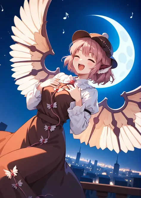 score 9, score 8 up, score 7 up, rating questionable,
detailed background,
<lora:mystia.pony:1>
mystia,
medium breasts, shiny skin,
flying, night, city, moon, singing, noisy,
closed eyes, hand to chest, noisy effect,