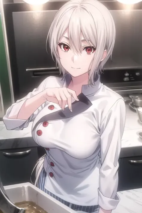 alicenakiri, <lora:alice nakiri s1-lora-nochekaiser:1>,
alice nakiri, short hair, (red eyes:1.3), white hair, hair between eyes, smile,
BREAK pants, white pants, chef, long sleeves, sleeves rolled up,
BREAK indoors, kitchen,
BREAK looking at viewer, (cowboy shot:1.5),
BREAK <lyco:GoodHands-beta2:1>, (masterpiece:1.2), best quality, high resolution, unity 8k wallpaper, (illustration:0.8), (beautiful detailed eyes:1.6), extremely detailed face, perfect lighting, extremely detailed CG, (perfect hands, perfect anatomy),