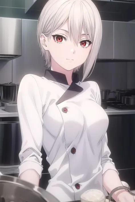 alicenakiri, <lora:alice nakiri s1-lora-nochekaiser:1>,
alice nakiri, short hair, (red eyes:1.3), white hair, hair between eyes, smile,
BREAK pants, white pants, chef, long sleeves, sleeves rolled up,
BREAK indoors, kitchen,
BREAK looking at viewer, (cowboy shot:1.5),
BREAK <lyco:GoodHands-beta2:1>, (masterpiece:1.2), best quality, high resolution, unity 8k wallpaper, (illustration:0.8), (beautiful detailed eyes:1.6), extremely detailed face, perfect lighting, extremely detailed CG, (perfect hands, perfect anatomy),
