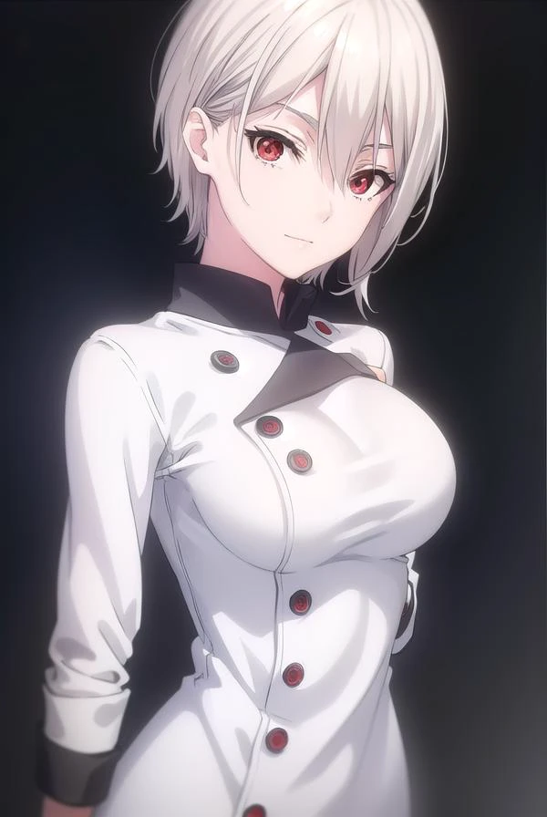 arlecchino, genshin impact, mature woman, mature face, hot face, emotionless face, (black eyes, red pupils), sharp eyes, (cool beauty), white hair, mature body, dominanting pose, living room