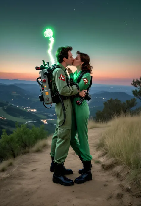 HDR photo, (medium full shot ) of two lovers kissing, loving, detailed face, ghostbuster wearing a dark green jumpsuit, equipped with carrying a proton pack with glowing lights and a neutrona wand, PKE meter, located in a romantic scene at a secluded hilltop during early morning with mild weather, illuminated by natural light filtering in, creating a serene atmosphere, ,Masterpiece,best quality, raw photo, realistic, very aesthetic