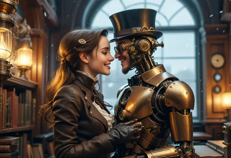 (medium full shot ) of two lovers sharing laughter, detailed face, steampunk robot with bronze body, gearwork, top hat with goggles, piston-driven legs, brass pocket watch gear-driven weapon, spooning,  located in a romantic scene at a scenic library during early morning with snowy weather, illuminated by warm glow, creating a intimate atmosphere, detailed face, ,Masterpiece,best quality, photo, realistic, very aesthetic