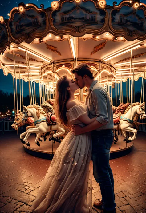 HDR photo, (long shot , from above) of two lovers kissing, loving, detailed face, located in a romantic scene at a scenic old-fashioned carousel during dawn with starry weather, illuminated by twinkling fairy lights, creating a intimate atmosphere, Masterpiece,best quality, photo, realistic, very aesthetic,