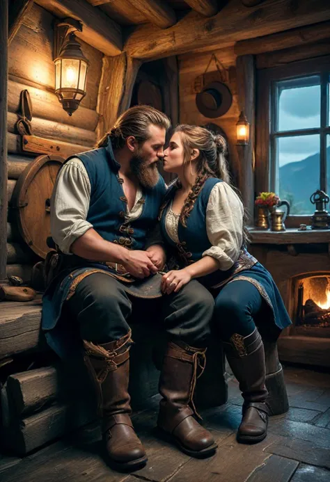 HDR photo, (medium full shot , slightly above) of a couple,  mountain dwarf wearing a dark blue rugged vest, leather greaves, sturdy sandals, Matted hazel beard, gold amulet, wielding a battle axe, sharing soft whispers, detailed face, located in a romantic scene at a scenic cottage during midnight with breezy weather, illuminated by soft moonlight, creating a passionate atmosphere, ,Masterpiece,best quality, photo, realistic, very aesthetic