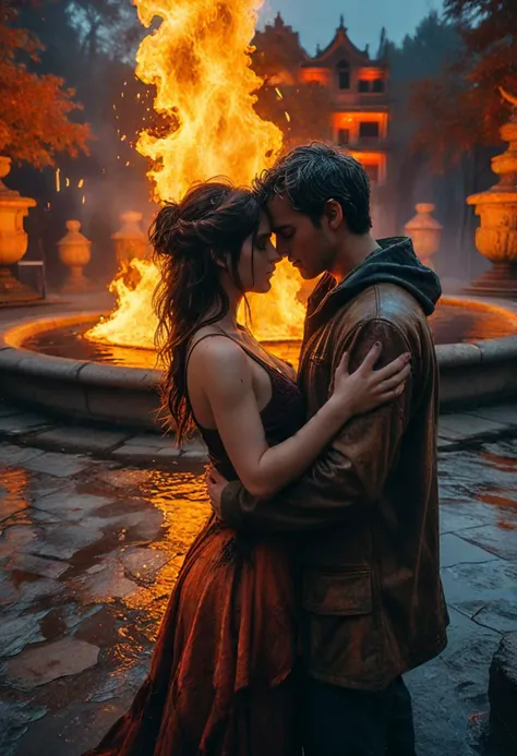 HDR photo, (upper body shot , birdâs eye view) of a couple, (fire elemental), surrounded by embers and ash, embracing, detailed face, located in a romantic scene at a beautiful fountain during twilight with misty weather, illuminated by warm glow, creating a loving atmosphere, ,Masterpiece,best quality, photo, realistic, very aesthetic