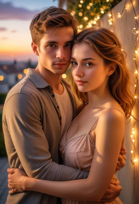 HDR photo, (upper body shot , front view) of two lovers embracing, detailed face, located in a romantic scene at a scenic corner of an art gallery during sunset with breezy weather, illuminated by twinkling fairy lights, creating a enchanting atmosphere, Masterpiece,best quality, photo, realistic, very aesthetic,