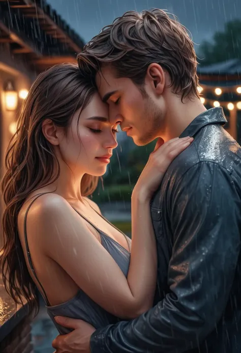 (upper body shot ) of two lovers holding each otherâs faces, detailed face, located in a romantic scene at a beautiful patio during twilight with rainy weather, illuminated by dimly lit, creating a warm atmosphere, detailed face, ,Masterpiece,best quality, photo, realistic, very aesthetic