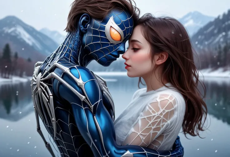 (upper body shot ) of two lovers walking arm in arm, detailed face, spider with a blue glossy exoskeleton, small size, segmented legs with sharp claws, sparkling web, glowing eyes, kissing, loving, located in a romantic scene at a beautiful lake during early morning with snowy weather, illuminated by warm glow, creating a loving atmosphere, detailed face, ,Masterpiece,best quality, photo, realistic, very aesthetic