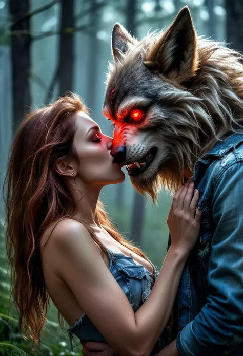 HDR photo, (medium full shot ) of two lovers kissing, loving, detailed face, fierce werewolf with tawny fur, glowing red eyes, wearing ripped jeans, enchanted talisman, touching tenderly, located in a romantic scene at a secluded forest clearing during afternoon with misty weather, illuminated by starlight, creating a tender atmosphere, ,Masterpiece,best quality, raw photo, realistic, very aesthetic