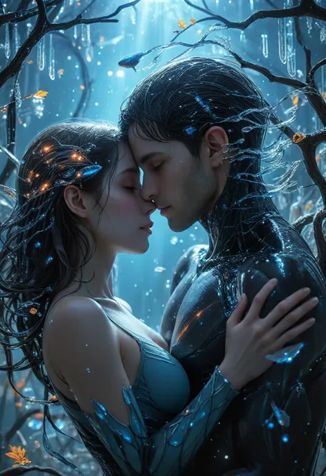 HDR photo, (upper body shot ) of a couple,  alien with aquatic body, gills, fins, webbed limbs, brown eyes, translucent blue rubbery skin, long thin antennae, webbed limbs, hovering crystals, cuddling, detailed face, located in a romantic scene at a scenic orchard in autumn during night with clear weather, illuminated by starlight, creating a serene atmosphere, ,Masterpiece,best quality, photo, realistic, very aesthetic