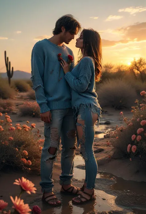 HDR photo, (full body shot ) of a couple, zombie wearing ashen blue shredded sweater, ragged pants, muddy sandals, hollow eyes, holding rotten flowers, sharing soft whispers, detailed face, located in a romantic scene at a beautiful desert oasis during twilight with breezy weather, illuminated by golden sunset, creating a tender atmosphere, ,Masterpiece,best quality, photo, realistic, very aesthetic