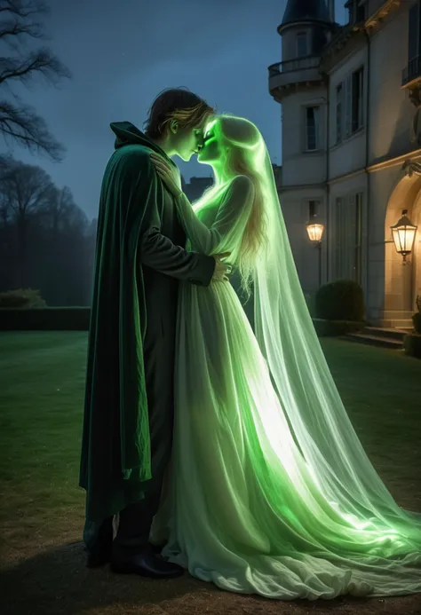 HDR photo, (full body shot ) of two lovers kissing, loving, detailed face, ghost, ethereal figure, transparent fading body, fading hands, glowing green eyes, translucent,ghostly hair,  glowing softly, semi-transparent with an eerie glow, vengeful, with a flowing cape, carrying a lantern,, spooning,  located in a romantic scene at a beautiful chateau during dawn with starry weather, illuminated by dimly lit, creating a enchanting atmosphere, ,Masterpiece,best quality, raw photo, realistic, very aesthetic