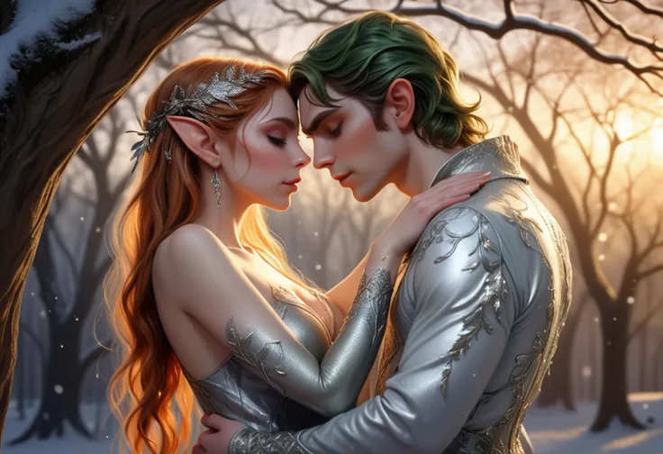 (upper body shot , from behind) of two lovers cuddling, detailed face, (elf with long pointed ears) wearing a silver delicate lace top , velvet elven trousers, delicate slippers, vine-wrapped bracelet, glittering body paint, leaf-shaped brooch, located in a romantic scene at a scenic place under a large oak tree during midnight with snowy weather, illuminated by golden sunset, creating a dreamy atmosphere, detailed face, ,Masterpiece,best quality, photo, realistic, very aesthetic