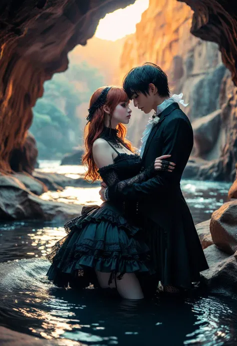 HDR photo, (upper body shot ) of a couple,  gothic****ta wearing gothic****ta laced ensemble, black ruffled dress with a corset bodice, thigh-high stockings, platform Mary Jane shoes, lace gloves with ribbon ties embracing, detailed face, located in a romantic scene at a beautiful candlelit cave with a natural pool during sunset with breezy weather, illuminated by soft moonlight, creating a enchanting atmosphere, ,Masterpiece,best quality, photo, realistic, very aesthetic