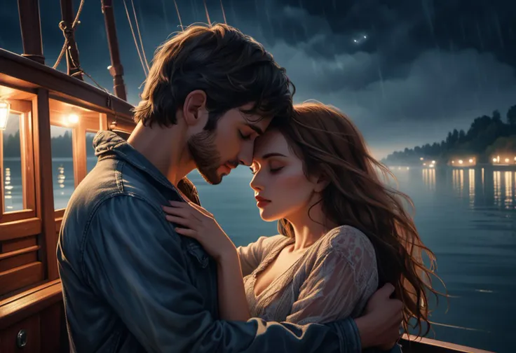 , (medium full shot ) of two lovers embracing, detailed face, located in a romantic scene at a secluded boat during night with misty weather, illuminated by natural light filtering in, creating a cozy atmosphere, ,Masterpiece,best quality, photo, realistic, very aesthetic