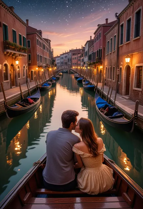 HDR photo, (medium shot , from behind) of two lovers having a heartfelt conversation, detailed face, located in a romantic scene at a scenic floating gondola on a serene canal during afternoon with starry weather, illuminated by warm glow, creating a serene atmosphere, Masterpiece,best quality, photo, realistic, very aesthetic,