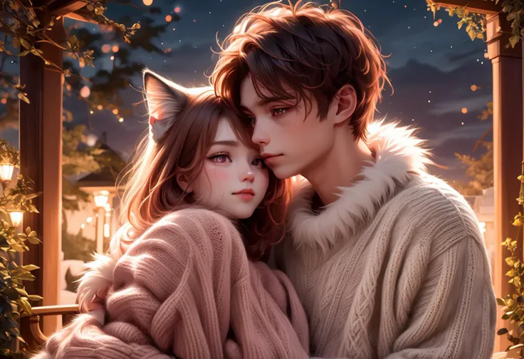 (medium full shot , slightly above) of two lovers teasing playfully, detailed face, cat with cream rosetted fur, copper eyes, cute sweater, having lingering gazes, located in a romantic scene at a secluded gazebo during twilight with warm weather, illuminated by starlight, creating a intimate atmosphere, ,Masterpiece,best quality, photo, realistic, very aesthetic