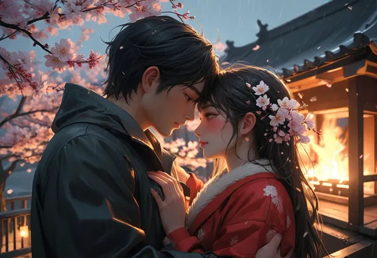 (upper body shot ) of two lovers holding each otherâs faces, detailed face, located in a romantic scene at a secluded place under cherry blossoms during night with overcast weather, illuminated by cozy fireplace light, creating a warm atmosphere, detailed face, ,Masterpiece,best quality, photo, realistic, very aesthetic