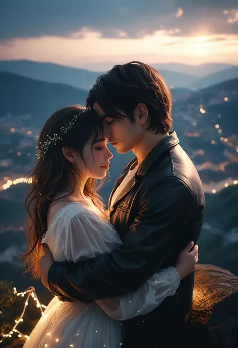(upper body shot , hero view) of two lovers embracing, detailed face, located in a romantic scene at a scenic hilltop during night with still weather, illuminated by twinkling fairy lights, creating a dreamy atmosphere, detailed face, ,Masterpiece,best quality, photo, realistic, very aesthetic