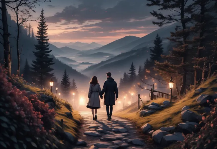 (medium full shot ) of two lovers walking arm in arm, detailed face, located in a romantic scene at a quiet mountaintop during evening with misty weather, illuminated by cozy fireplace light, creating a loving atmosphere, ,Masterpiece,best quality, photo, realistic, very aesthetic