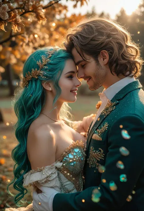 HDR photo, (upper body shot , hero view) of a couple, mermaid with a decorated with pearls, deep ocean teal frilled tail fin, glittery highlighter, glittering hair comb, sharing smiles, detailed face, located in a romantic scene at a quiet orchard in autumn during twilight with warm weather, illuminated by warm glow, creating a tender atmosphere, ,Masterpiece,best quality, photo, realistic, very aesthetic