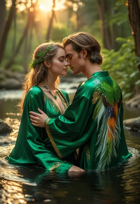 HDR photo, (medium full shot , from behind) of a couple,  dryad adorned in emerald green flowing woodland robe, feathered forest flats, nature-themed face paint, gemstone necklace, cuddling, detailed face, located in a romantic scene at a quiet spa retreat during sunset with warm weather, illuminated by golden sunset, creating a warm atmosphere, ,Masterpiece,best quality, photo, realistic, very aesthetic