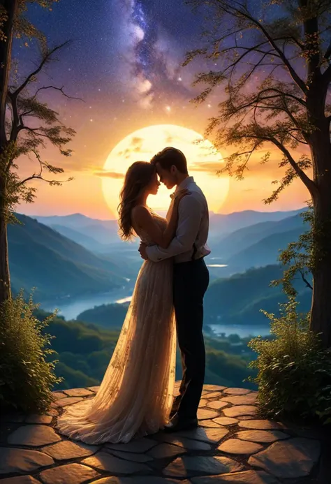 OverallDetailXL, HRD photo, (full body shot , from behind) of two lovers embracing, detailed face, located in a romantic scene at a scenic park during evening with starry weather, illuminated by golden sunset, creating a dreamy atmosphere, ,Masterpiece,best quality, realistic, very aesthetic