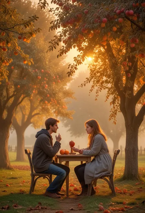 HDR photo, (medium full shot ) of two lovers having a heartfelt conversation, detailed face, located in a romantic scene at a scenic orchard in autumn during dawn with misty weather, illuminated by dimly lit, creating a tender atmosphere, Masterpiece,best quality, photo, realistic, very aesthetic,
