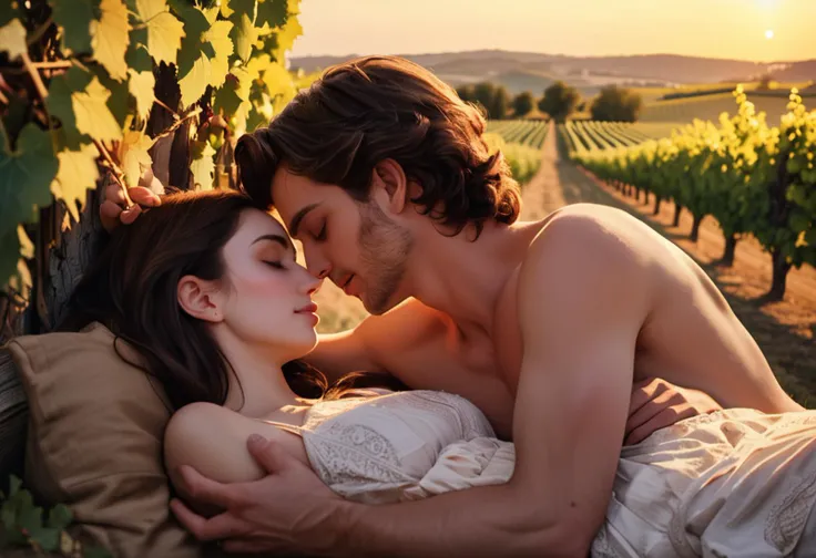 , (medium full shot ) of two lovers spooning, detailed face, located in a romantic scene at a quiet vineyard during twilight with mild weather, illuminated by golden sunset, creating a loving atmosphere, ,Masterpiece,best quality, photo, realistic, very aesthetic