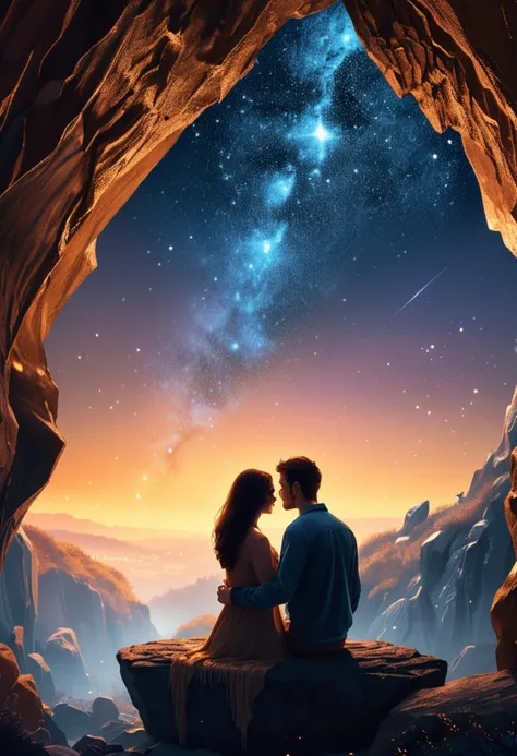 , (medium full shot ) of two lovers gazing at the stars together, detailed face, located in a romantic scene at a quiet hidden cave lit by glowing crystals during twilight with misty weather, illuminated by golden sunset, creating a passionate atmosphere, ,Masterpiece,best quality, photo, realistic, very aesthetic