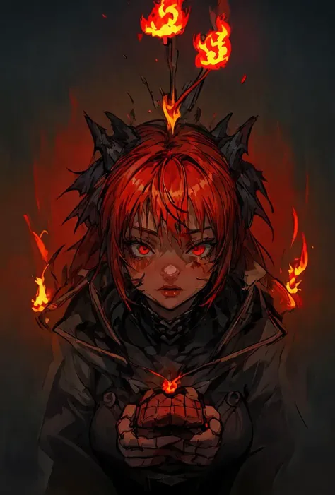 (masterpiece, best quality), 1girl, red hair, flaming hair, red eyes, flames, hands in flame, flame blade, red magic circle, red corset, black thighhighs, sidelighting, light particles, abstract,