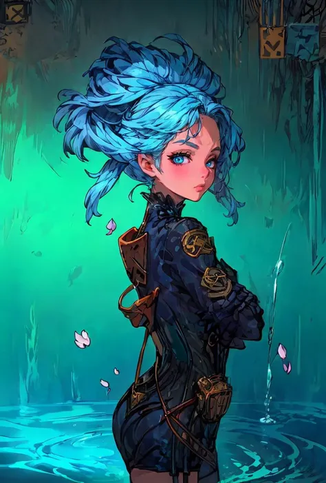 (masterpiece, best quality), 1girl, light blue hair, water hair, light blue eyes, flying petals, water blade, light blue water magic circle, light blue corset, black thighhighs, sidelighting, light particles, abstract,