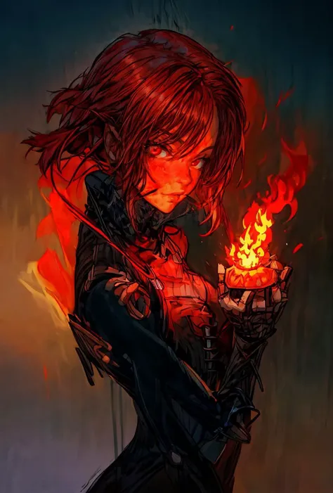 (masterpiece, best quality), 1girl, red hair, flaming hair, red eyes, flames, hands in flame, flame blade, red magic circle, red corset, black thighhighs, sidelighting, light particles, abstract, <lora:add_detail:1>