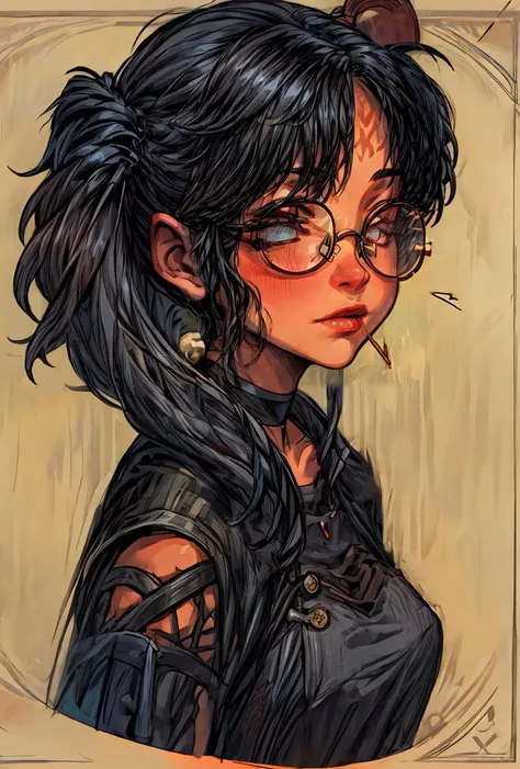 (masterpiece, best quality), 1girl, messy hair, choker, black silk pajamas, see-through, glasses, <lora:add_detail:1>