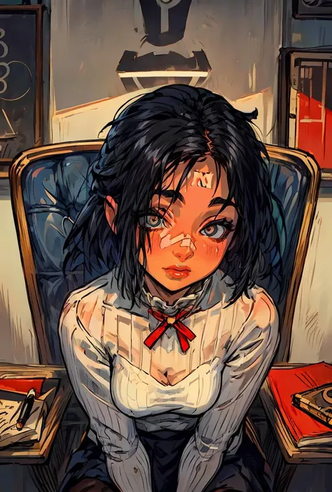 (masterpiece, best quality), a young black haired girl office secretary dressed in a transparent white blouse and black office skirt and black pantyhose ,sitting in an office chair, holding pencil, (detailed skin:1.3),(detailed eyes), (sharp focus),