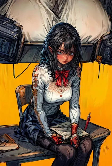 (masterpiece, best quality), a young black haired girl office secretary dressed in a transparent white blouse and black office skirt and black pantyhose ,sitting in an office chair, holding pencil, (detailed skin:1.3),(detailed eyes), (sharp focus), <lora:add_detail:1>