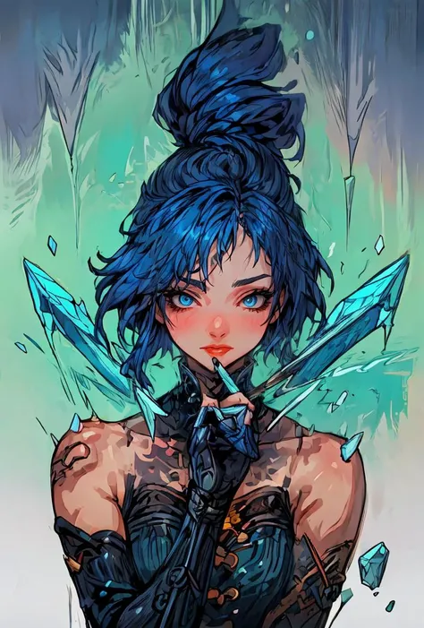 (masterpiece, best quality), 1girl, blue hair, ice hair, blue eyes, ice shards, hands crystal ice, ice blade, blue magic circle, blue corset, black thighhighs, sidelighting, light particles, abstract,