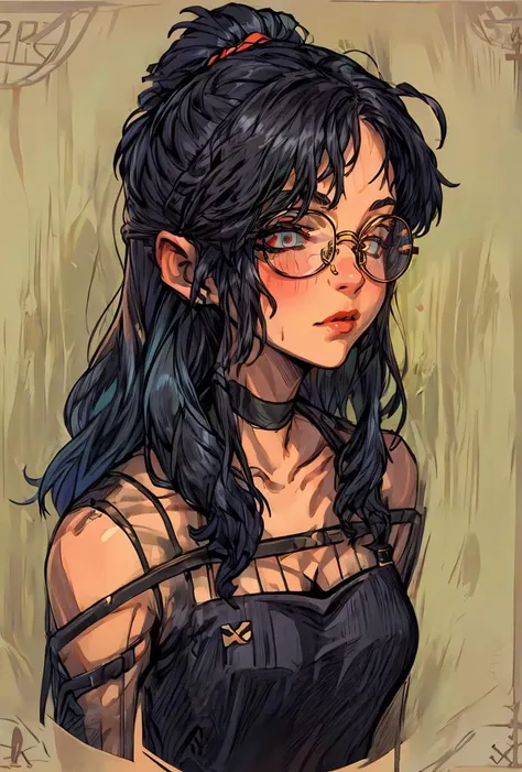 (masterpiece, best quality), 1girl, messy hair, choker, black silk pajamas, see-through, glasses,