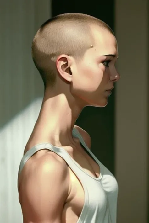 <lora:womanbuzzcut:0.9>, womanbuzzcut, photo of a pretty woman with shaved head , white tanktop, sideboob , profile