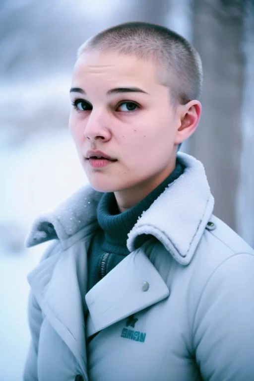 <lora:womanbuzzcut:0.9>, womanbuzzcut, photo of a cute woman with shaved head , <lora:siberianAtmosphere_v10:1>, siberian atmosphere, snowing