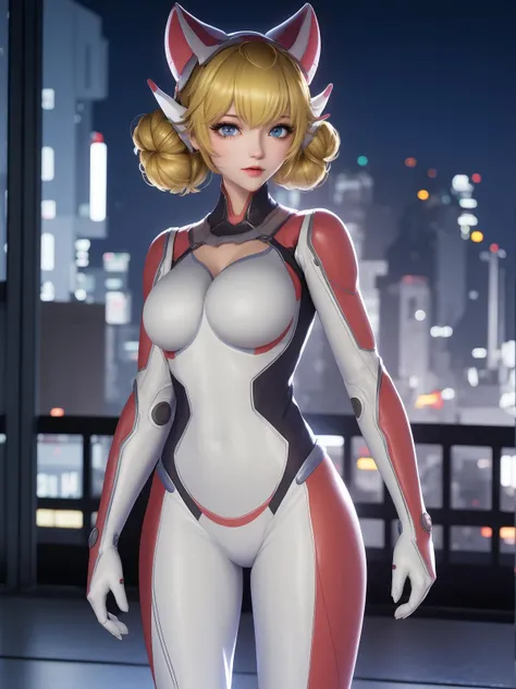 <lora:WZRYdajiSZBR:0.8>,WZRYdajiBSZR, 1girl, solo, blonde hair, blue eyes,looking at viewer, parted lips, double bun, bodysuit, medium breasts, bangs,cityscape, night, mature female, standing, cowboy shot,