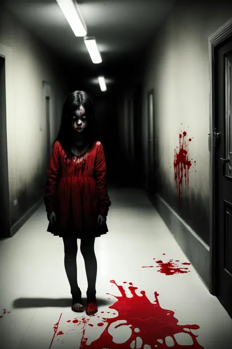<lora:almawade_v2:0.8>, almawade, 1girl, (blood:1.1), hallway, red clothes, dark, night, face,