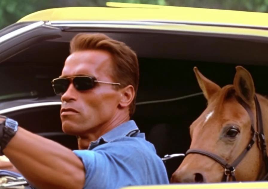 arnold person ((driving a car with a horse in the backseat)). Arnold is wearing sunglasses and looking cool.
