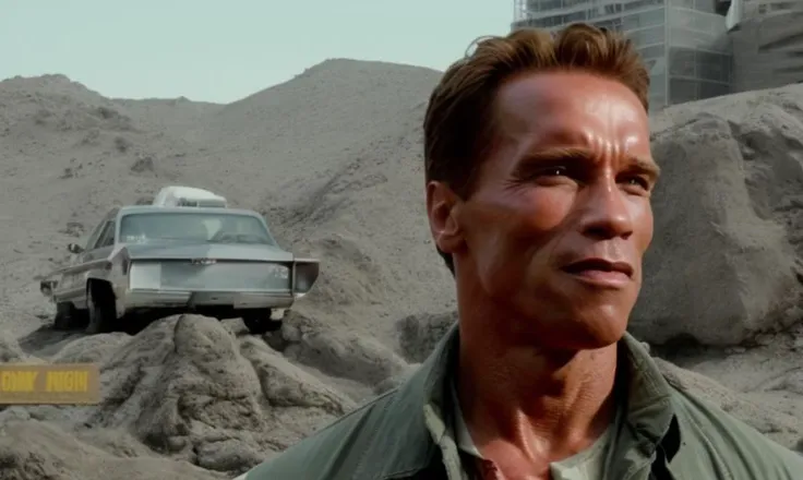 Film featuring arnold person in a new science fiction film where he is ((hypnotized)) by a 1980's telephone to become a man who smashing buildings in texas.