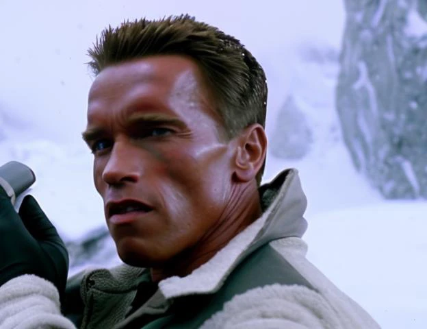 arnold person breaking a cell phone in half outside in a snowstorm in Antarctica